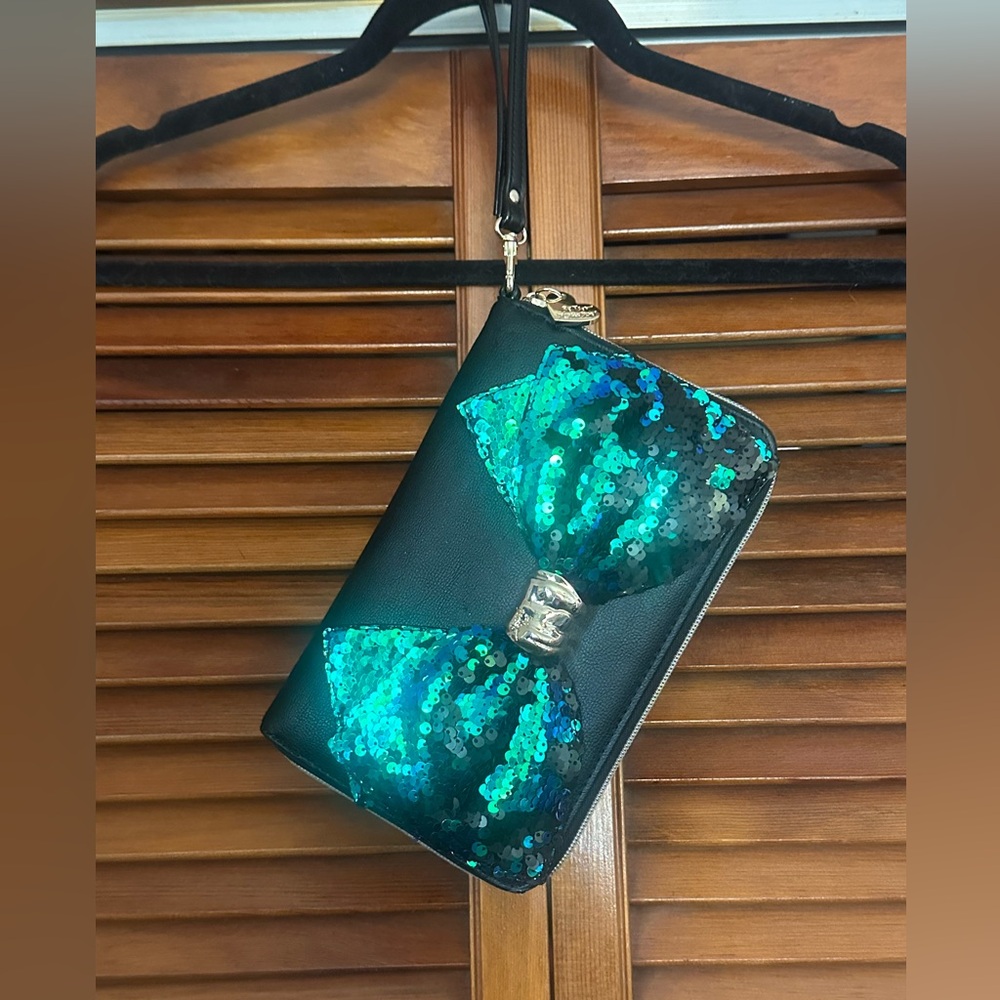 Betsy Johnson Teal Sequin Bow Wristlet Clutch